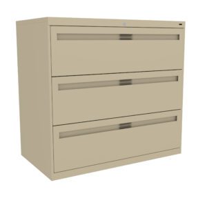 A beige three-drawer filing cabinet with horizontal handles is shown against a white background. The cabinet is closed and has a modern design.