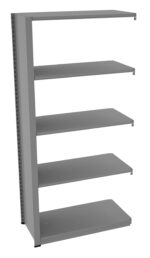A tall, five-tier metal shelving unit, with each shelf spaced evenly apart. The structure is minimalist and industrial in design, featuring a matte gray finish. It stands upright, showcasing an open-sided design.