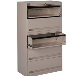 A beige metal filing cabinet with five drawers, two of which are open. The drawers have sleek handles, and the cabinet stands upright with a minimalist design, suitable for office or organizational use.