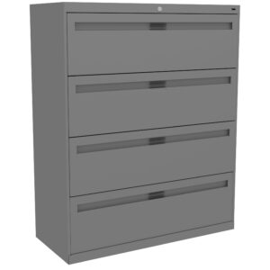 A gray, four-drawer filing cabinet with a lock on the top drawer. The cabinet has a simple, modern design and each drawer features a handle for easy opening. It is positioned against a plain white background.