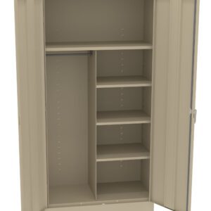 A beige metal storage cabinet with two open doors revealing a layout that includes a rod for hanging items on the left and five shelves on the right, providing organized storage space.