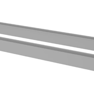 Two long, parallel, gray metal channels are positioned diagonally across a white background. The channels have a U-shaped cross-section and appear smooth and uniform.