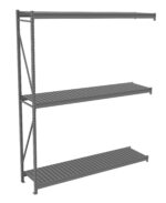 Gray metal shelving unit with three slatted shelves and a vertical support structure on the left. The design is minimalist and industrial, suitable for storage or organizational purposes.