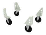 Four black wheels with white metal brackets are arranged in various angles on a white background. The brackets have multiple circular cutouts and hold the wheels upright, providing a sturdy frame for attaching to objects like carts or furniture.