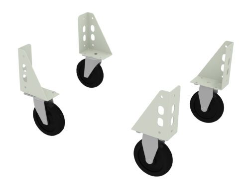 Four black wheels with white metal brackets are arranged in various angles on a white background. The brackets have multiple circular cutouts and hold the wheels upright, providing a sturdy frame for attaching to objects like carts or furniture.