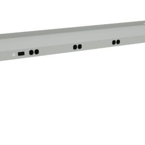 A long, rectangular metal bracket featuring multiple circular cutouts and connectors evenly spaced along its side. The design suggests it might be used for mounting or supporting electronic or mechanical systems.
