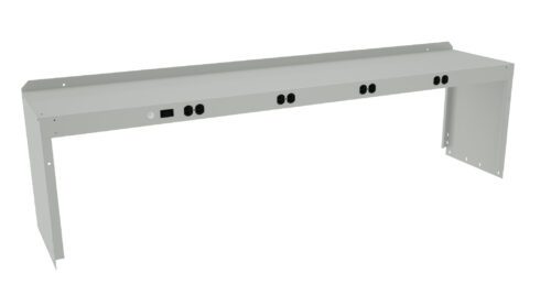 A long, rectangular metal bracket featuring multiple circular cutouts and connectors evenly spaced along its side. The design suggests it might be used for mounting or supporting electronic or mechanical systems.