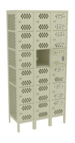 A beige locker unit with three columns and a total of eighteen small compartments, each featuring a lattice design on the doors. One compartment is open, revealing a dark interior. The locker stands on four legs.