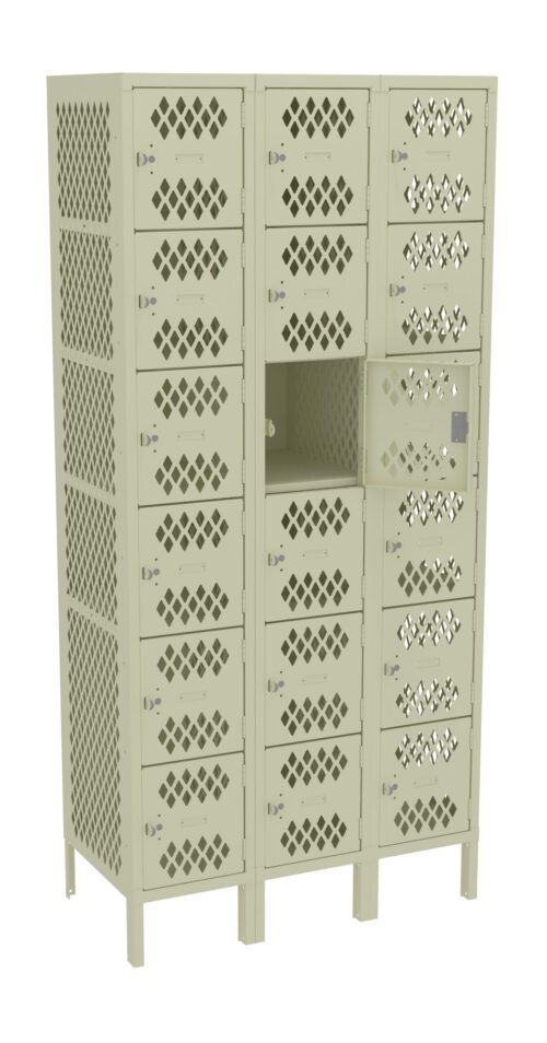 A beige locker unit with three columns and a total of eighteen small compartments, each featuring a lattice design on the doors. One compartment is open, revealing a dark interior. The locker stands on four legs.