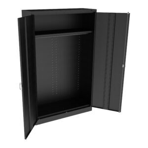 Open black metal storage cabinet with two doors and a single interior shelf. The inside back panel has adjustable holes for additional shelving. The doors have vertical ridges and a key lock mechanism.