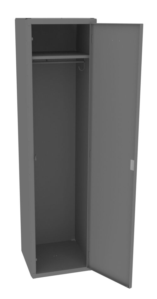 A tall, open gray metal locker with a single door ajar, revealing an empty interior, featuring a top shelf and a hanging rod inside.