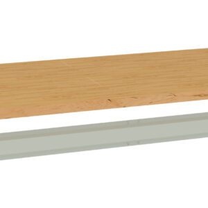 A wooden tabletop rests on a light gray-metal frame. The tabletop features a natural wood grain with a light brown hue. The frame appears to be designed to support the wooden surface.