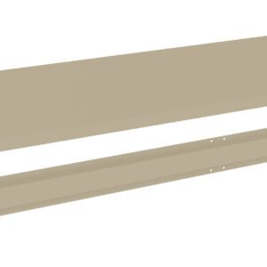 Illustration of a beige rectangular shelf and its matching bracket, shown separately. The shelf is positioned above, with the bracket below, featuring holes for mounting. The items are set against a plain white background.