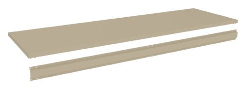 Illustration of a beige rectangular shelf and its matching bracket, shown separately. The shelf is positioned above, with the bracket below, featuring holes for mounting. The items are set against a plain white background.