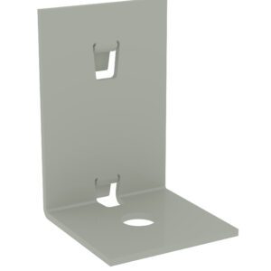 Gray metal bracket with an L-shape, featuring two rectangular cut-outs on the vertical section and a circular hole on the horizontal base. Suitable for mounting or supporting objects.