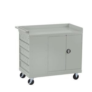 Gray metal utility cart with lockable doors and multiple drawers on the left side. It has a flat top surface and four wheels for mobility. The design is simple and functional, suitable for storage and transport of tools or supplies.