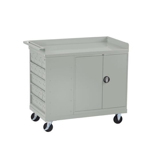 Gray metal utility cart with lockable doors and multiple drawers on the left side. It has a flat top surface and four wheels for mobility. The design is simple and functional, suitable for storage and transport of tools or supplies.
