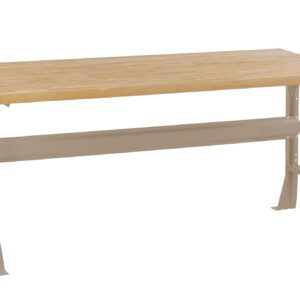 A wooden workbench with a light brown top and beige metal legs. The sturdy design includes adjustable height features and built-in braces for stability, suitable for workshops or garages.