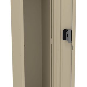 Tall, beige metal locker with a single open door. Interior features a shelf at the top, a hanging rod, and an empty main compartment. A lock mechanism is visible on the door. The locker stands on four small legs.