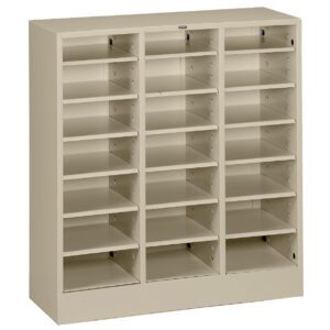 A beige metal organizer with multiple rectangular compartments arranged in four vertical columns. Each column contains adjustable shelves, creating a total of 20 open spaces for storage or sorting. The design is simple and functional.