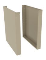 Two beige rectangular metal brackets with holes, standing vertically on a white background. One bracket is slightly tilted, showing its inner side and flat base.