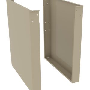 Two beige rectangular metal brackets with holes, standing vertically on a white background. One bracket is slightly tilted, showing its inner side and flat base.