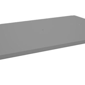 A flat, rectangular, and gray metal panel, possibly a shelf, is shown. It has small holes and brackets on the sides for mounting. The perspective is angled slightly from above, highlighting its thin profile.