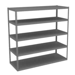 A metal shelving unit with five tiers, each consisting of a flat, rectangular shelf. The unit is gray and has a minimalist design, typically used for storage in garages, warehouses, or workshops.