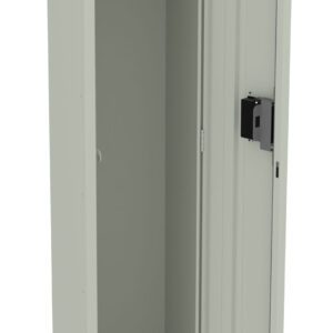 A tall, light gray metal locker with a single door is open. Inside, there is a shelf and a hanging hook. The locker stands on short legs and has a black locking mechanism on the door.