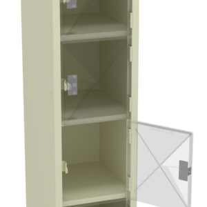 A tall, beige storage cabinet with multiple shelves. One of the clear glass doors is open, revealing empty compartments inside. The cabinet has a simple, modern design.