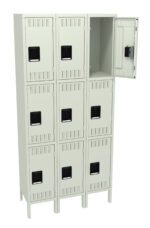 A beige metal locker unit with three columns and four rows of compartments. Each compartment has a black handle and vents. The top compartment on the right is open, revealing an empty interior.