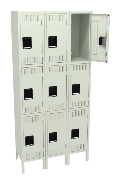 A beige metal locker unit with three columns and four rows of compartments. Each compartment has a black handle and vents. The top compartment on the right is open, revealing an empty interior.