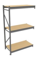 A three-tier industrial shelving unit with a gray metal frame and beige wooden shelves. The unit is empty, showcasing its sturdy construction and open design.