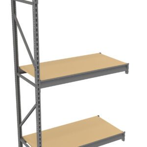 A three-tier industrial shelving unit with a gray metal frame and beige wooden shelves. The unit is empty, showcasing its sturdy construction and open design.