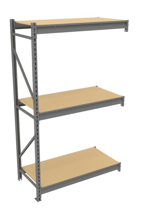 A three-tier industrial shelving unit with a gray metal frame and beige wooden shelves. The unit is empty, showcasing its sturdy construction and open design.
