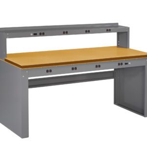 A large, gray workbench with a wooden tabletop and a raised back panel containing multiple power outlets. The bench is designed for industrial or technical use, providing ample workspace and tool connectivity.