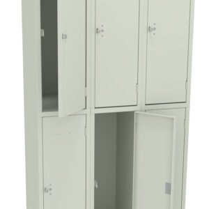 A set of six beige metal lockers arranged in two rows. Three locker doors are open, revealing empty compartments. The lockers have small handles and locks on each door.