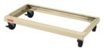 A beige metal dolly base with four black swivel caster wheels on each corner. The structure is rectangular and flat, designed to support and move heavy objects easily.