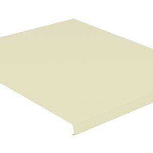 A beige, rectangular metal shelf with a small raised edge along one side and a pre-drilled hole in one corner, set against a white background.