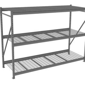 Three-tier metal shelving unit with a minimalistic design, featuring open wire shelves and a sturdy frame. The shelves have a grid pattern for ventilation and easy visibility. The structure is designed for heavy-duty storage.