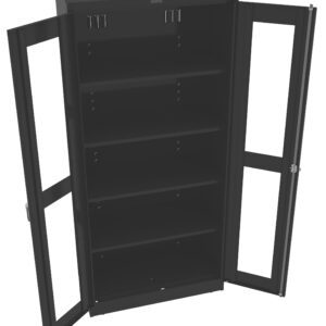 A black metal storage cabinet with two glass-paneled doors open, revealing five adjustable shelves inside. The cabinet has a sleek and modern design.