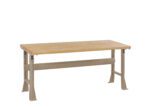 A sturdy, rectangular wooden workbench with a thick tan tabletop and metal legs. The frame is beige and adjustable, designed for workshop or garage use. The bench sits on a flat, gray background.