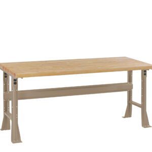 A sturdy, rectangular wooden workbench with a thick tan tabletop and metal legs. The frame is beige and adjustable, designed for workshop or garage use. The bench sits on a flat, gray background.