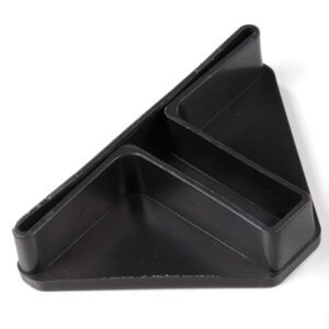 A black, triangular plastic object with three compartments, designed for sorting or holding items. It features raised edges and a smooth surface, positioned on a white background.