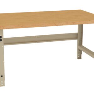 A sturdy wooden workbench with a light brown tabletop and beige metal legs, designed for industrial or workshop use. The table features adjustable height settings visible on the legs.