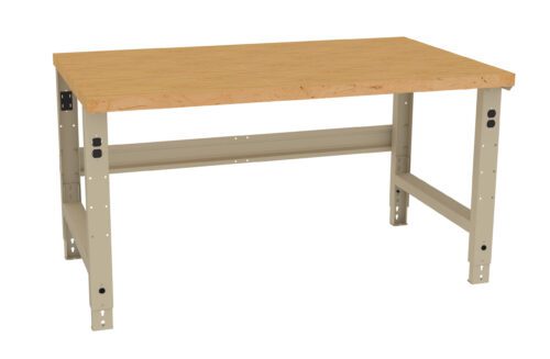 A sturdy wooden workbench with a light brown tabletop and beige metal legs, designed for industrial or workshop use. The table features adjustable height settings visible on the legs.