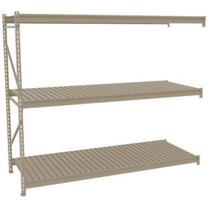 A three-tiered, beige metal shelving unit with slatted surfaces on each shelf. The shelves are evenly spaced, and the unit is positioned against a plain white background.