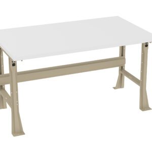 A sturdy workbench with a white tabletop and beige metal legs is shown against a white background. The legs have multiple perforations, presumably for adjusting the height or adding attachments.