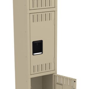 A tall metal locker with three compartments, one of which is open. The open compartment shows a lock mechanism inside. The locker has a beige color and a simple, industrial design.