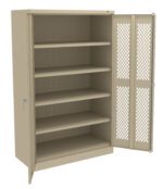 A beige metal storage cabinet with one door open, revealing five adjustable shelves. The open door features a lattice design for ventilation. The cabinet stands on a flat base with a handle on each door.